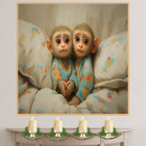 Precious Painting of Two Baby Monkeys in Colorful Pajamas Cuddled Close on Soft Floral Bedding with Big Eyes and Sweet Expressions in a Cozy Setting on Ready to Hang 1.5" Thick Canvas Wrap, Floating Framed Canvas, Flat Rolled Canvas